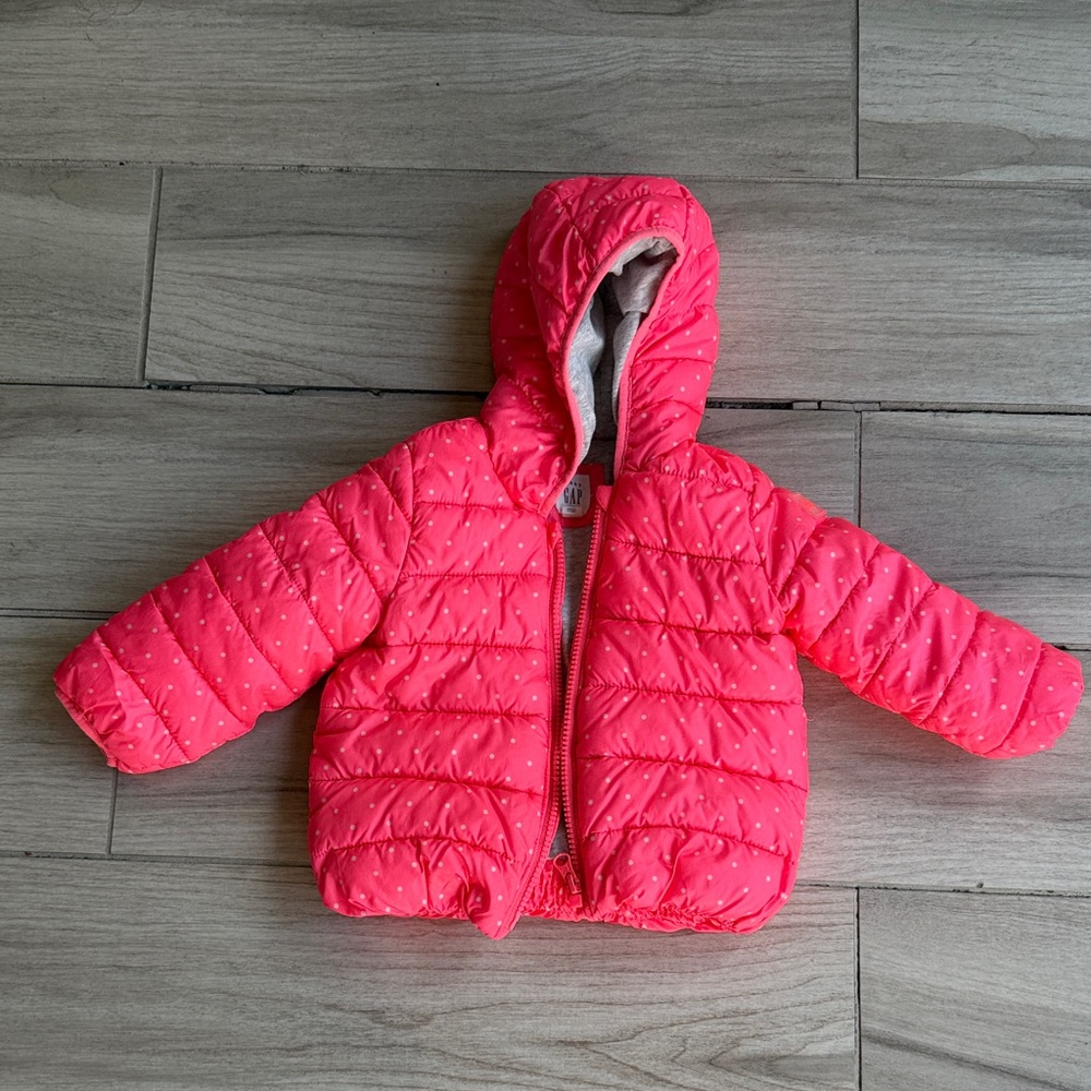 GAP Pink Polka Dot Hooded Puffer Jacket